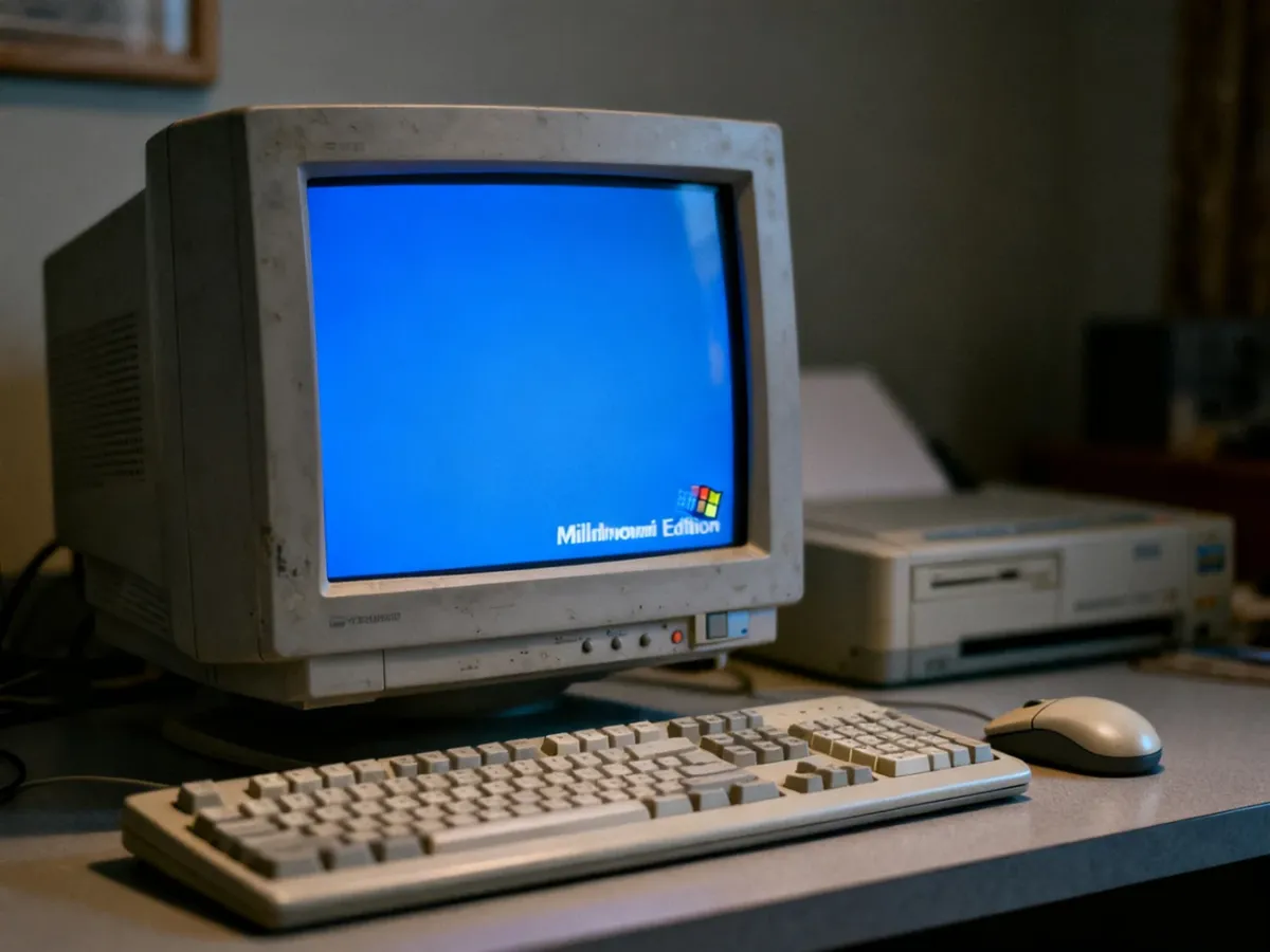 Stary komputer z systemem Windows Me zawieszony na niebieskim ekranie